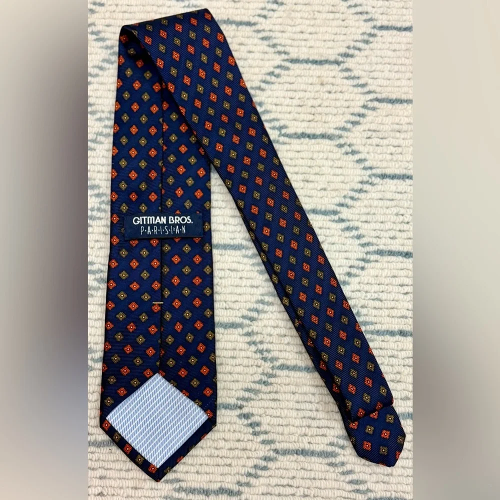 GITMAN BROS Parisian Formal Men’s Silk Tie Navy Blue Orange Medallion Hand Made